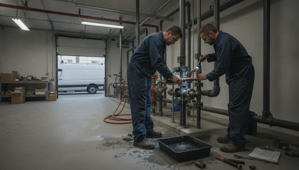 After-hours commercial plumber in a modern workspace, clean studio lighting — Keller, Plumber Keller TX