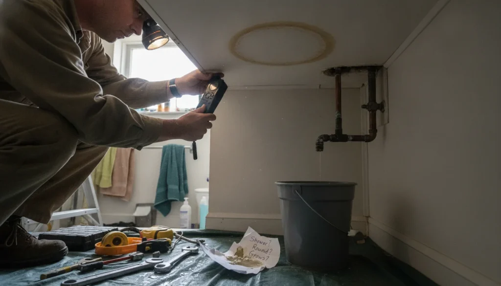 Round ceiling stain growing near a bathroom and soft flooring—hidden water leak signs in a Keller home