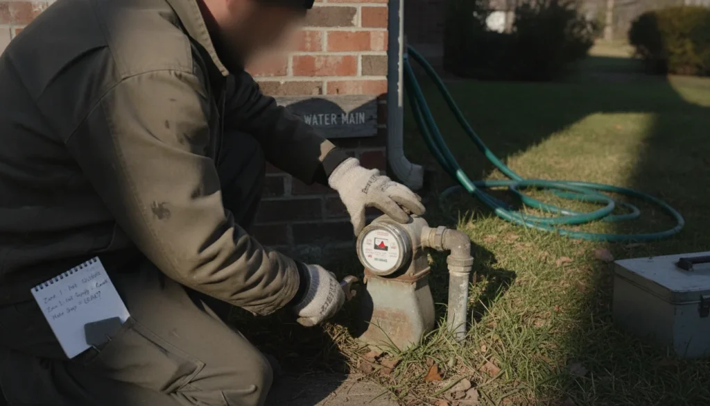 Check the meter; isolate valves to locate a leak. Compare hot and cold lines. Repeat tests in your Keller home.