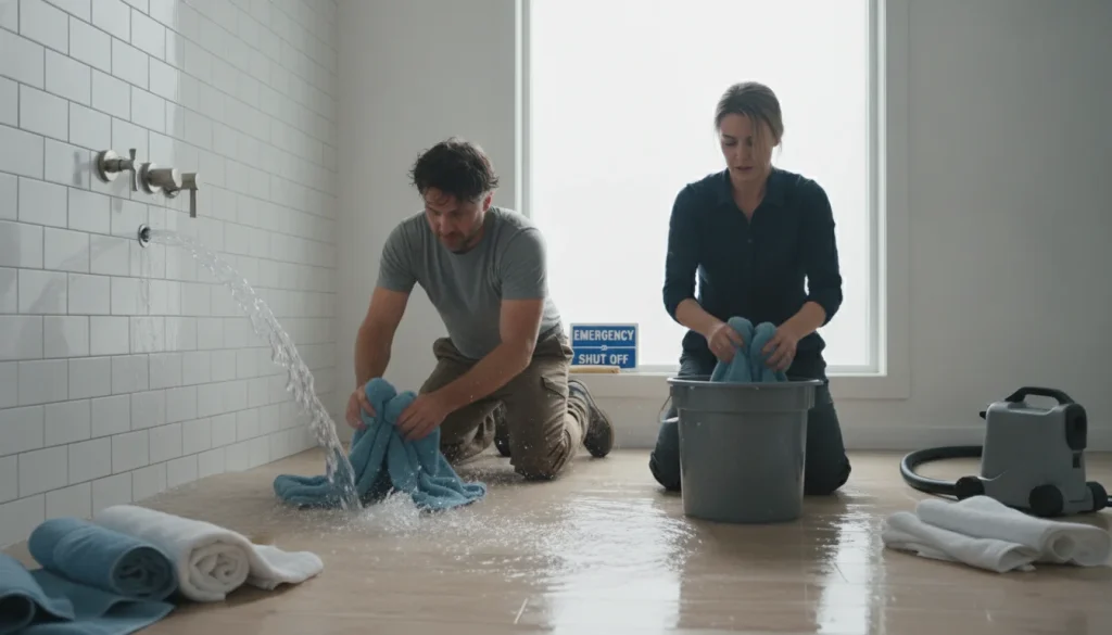 People mopping water from a burst bathroom pipe in Keller—what to do first